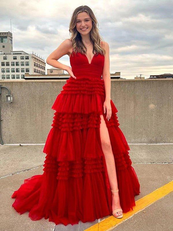 NumberSea - A - Line/Princess Tulle Ruffles V - neck Sleeveless Sweep/Brush Train Dresses