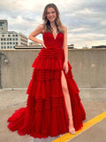 NumberSea - A - Line/Princess Tulle Ruffles V - neck Sleeveless Sweep/Brush Train Dresses