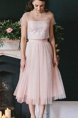 A-Line/Princess Tulle Short Sleeves Scoop Tea-Length Two Piece Dresses