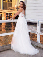 NumberSea - A - Line/Princess Tulle Sleeveless Applique V - neck Sweep/Brush Train Wedding Dresses