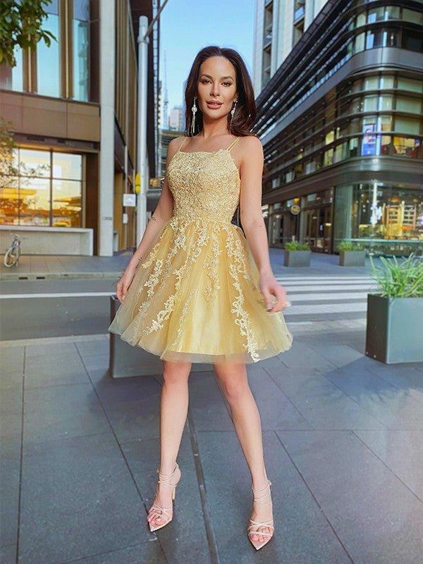 NumberSea - A - Line/Princess Tulle Spaghetti Straps Applique Sleeveless Short/Mini Homecoming Dresses