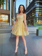 NumberSea - A - Line/Princess Tulle Spaghetti Straps Applique Sleeveless Short/Mini Homecoming Dresses