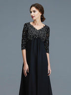 NumberSea - A - Line/Princess V - neck 1/2 Sleeves Beading Chiffon Floor - Length Mother of the Bride Dresses
