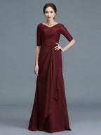 NumberSea - A - Line/Princess V - neck 1/2 Sleeves Ruffles Chiffon Floor - Length Mother of the Bride Dresses