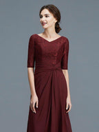 NumberSea - A - Line/Princess V - neck 1/2 Sleeves Ruffles Chiffon Floor - Length Mother of the Bride Dresses