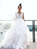 NumberSea - A - Line/Princess V - neck Applique Sleeveless Tulle Sweep/Brush Train Wedding Dresses