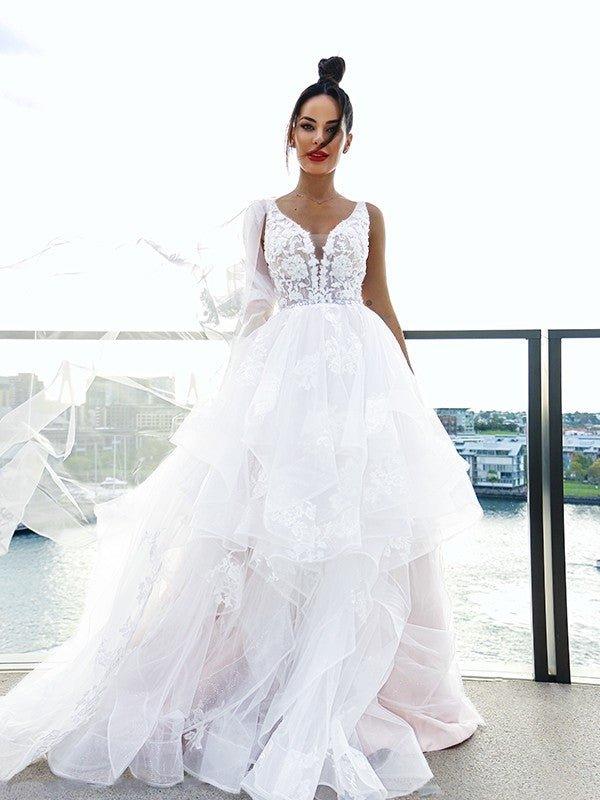 NumberSea - A - Line/Princess V - neck Applique Sleeveless Tulle Sweep/Brush Train Wedding Dresses