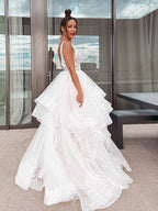 NumberSea - A - Line/Princess V - neck Applique Sleeveless Tulle Sweep/Brush Train Wedding Dresses
