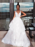 NumberSea - A - Line/Princess V - neck Applique Sleeveless Tulle Sweep/Brush Train Wedding Dresses