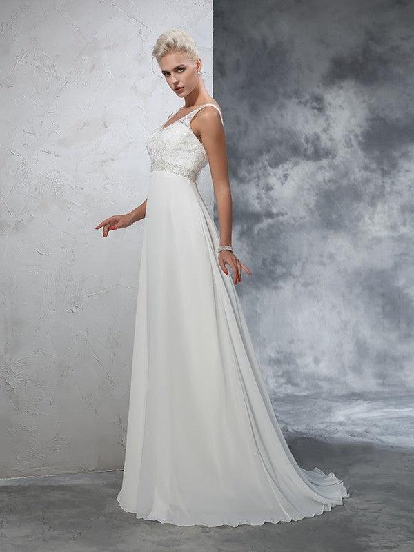 NumberSea - A - Line/Princess V - neck Beading Sleeveless Long Chiffon Wedding Dresses
