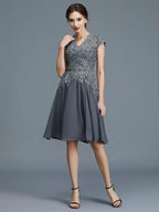 NumberSea - A - Line/Princess V - neck Chiffon Applique Sleeveless Knee - Length Mother of the Bride Dresses