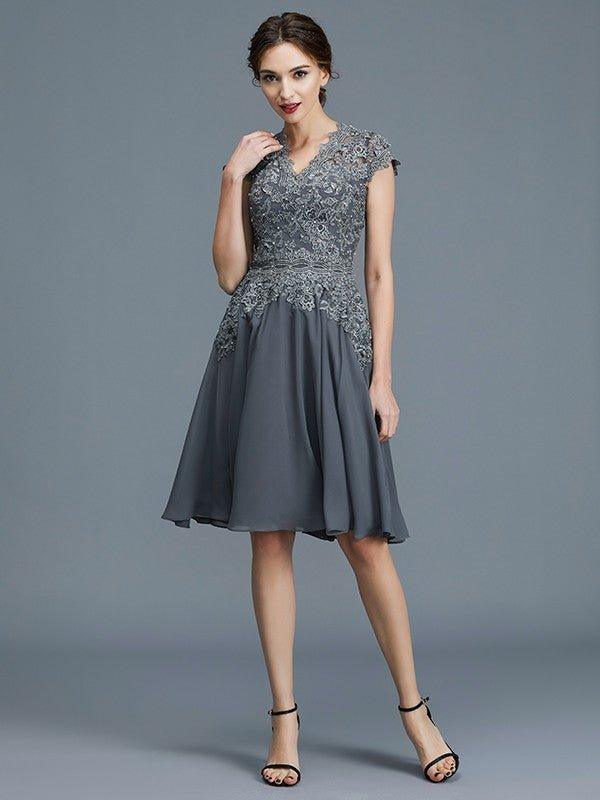 NumberSea - A - Line/Princess V - neck Chiffon Applique Sleeveless Knee - Length Mother of the Bride Dresses