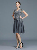 NumberSea - A - Line/Princess V - neck Chiffon Applique Sleeveless Knee - Length Mother of the Bride Dresses