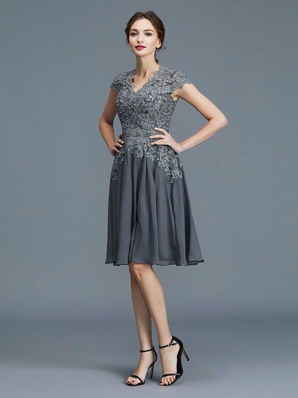 NumberSea - A - Line/Princess V - neck Chiffon Applique Sleeveless Knee - Length Mother of the Bride Dresses