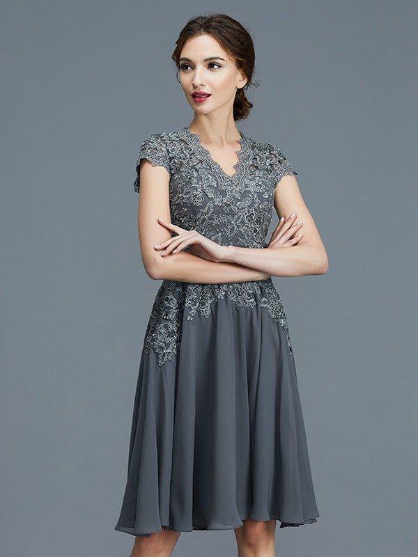 NumberSea - A - Line/Princess V - neck Chiffon Applique Sleeveless Knee - Length Mother of the Bride Dresses