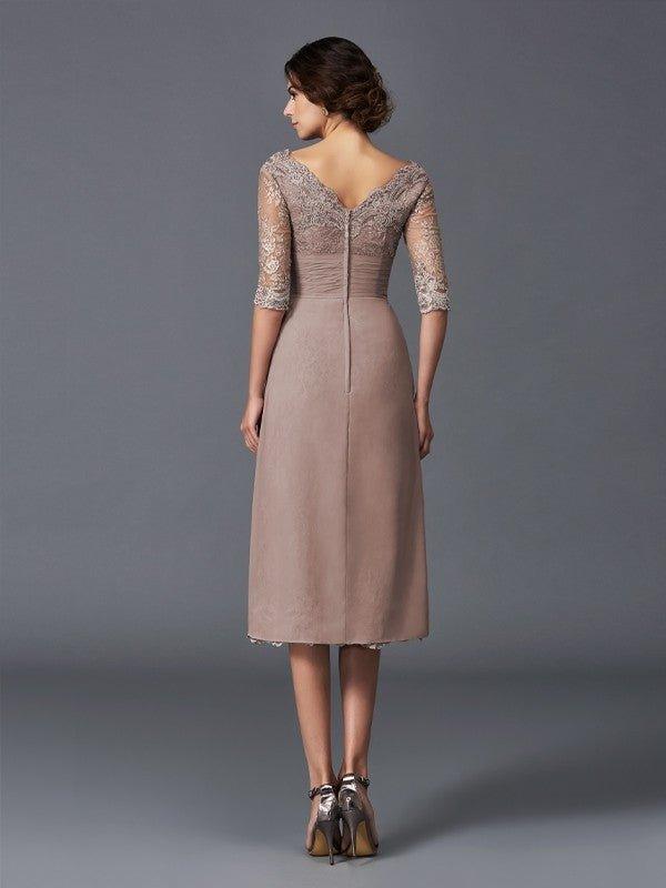 NumberSea - A - Line/Princess V - neck Hand - Made Flower 1/2 Sleeves Short Lace Mother of the Bride Dresses