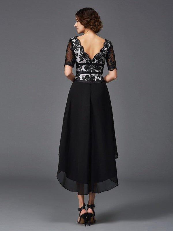 NumberSea - A - Line/Princess V - neck Lace 1/2 Sleeves High Low Chiffon Dresses