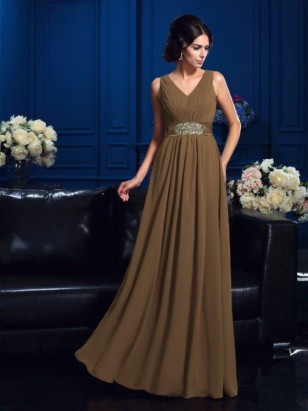 NumberSea - A - Line/Princess V - neck Pleats Sleeveless Long Chiffon Mother of the Bride Dresses