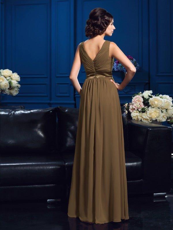 NumberSea - A - Line/Princess V - neck Pleats Sleeveless Long Chiffon Mother of the Bride Dresses