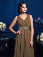 NumberSea - A - Line/Princess V - neck Pleats Sleeveless Long Chiffon Mother of the Bride Dresses