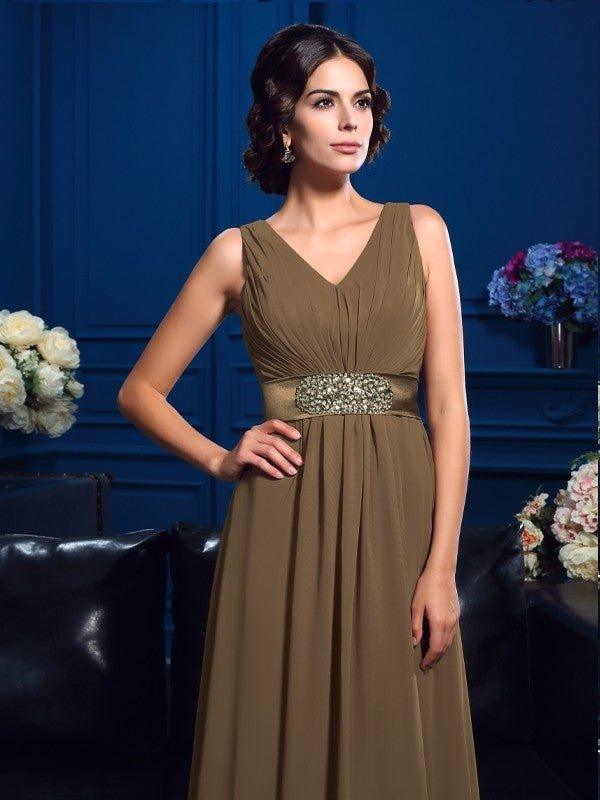 NumberSea - A - Line/Princess V - neck Pleats Sleeveless Long Chiffon Mother of the Bride Dresses