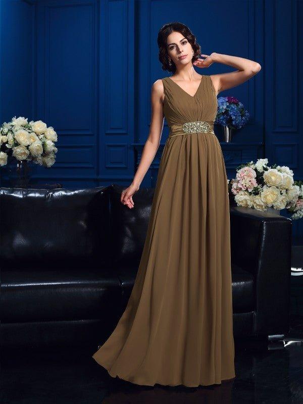 NumberSea - A - Line/Princess V - neck Pleats Sleeveless Long Chiffon Mother of the Bride Dresses