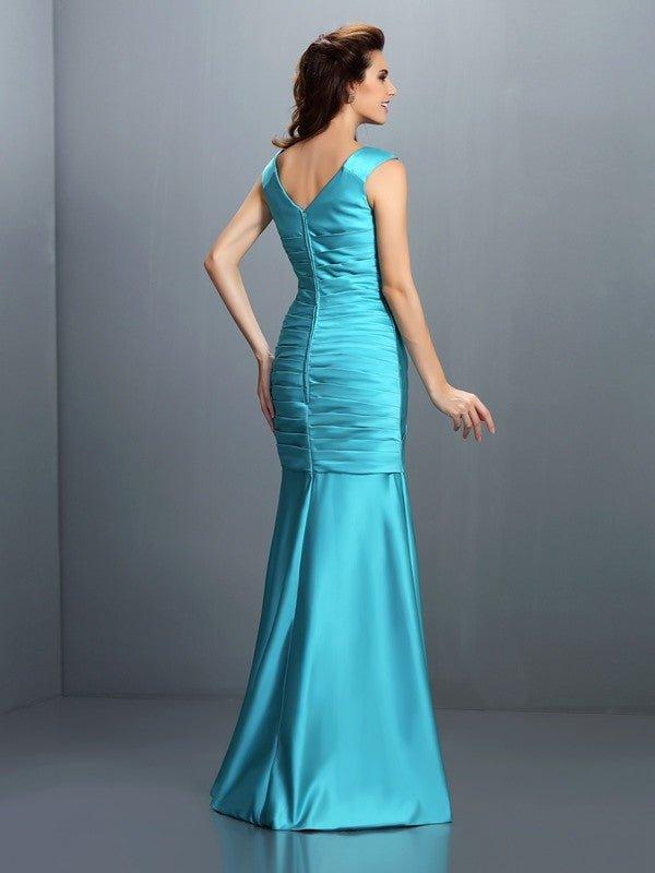 NumberSea - A - Line/Princess V - neck Pleats Sleeveless Long Satin Bridesmaid Dresses