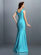 NumberSea - A - Line/Princess V - neck Pleats Sleeveless Long Satin Bridesmaid Dresses