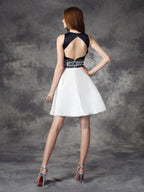 NumberSea - A - line/Princess V - neck Rhinestone Sleeveless Short Satin Dresses