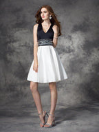 NumberSea - A - line/Princess V - neck Rhinestone Sleeveless Short Satin Dresses