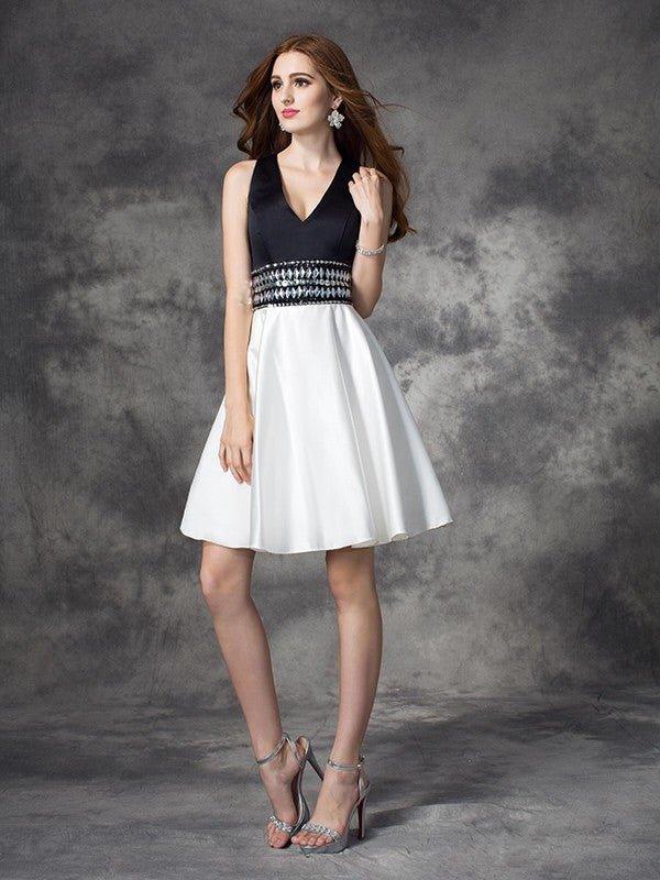 NumberSea - A - line/Princess V - neck Rhinestone Sleeveless Short Satin Dresses