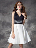 NumberSea - A - line/Princess V - neck Rhinestone Sleeveless Short Satin Dresses