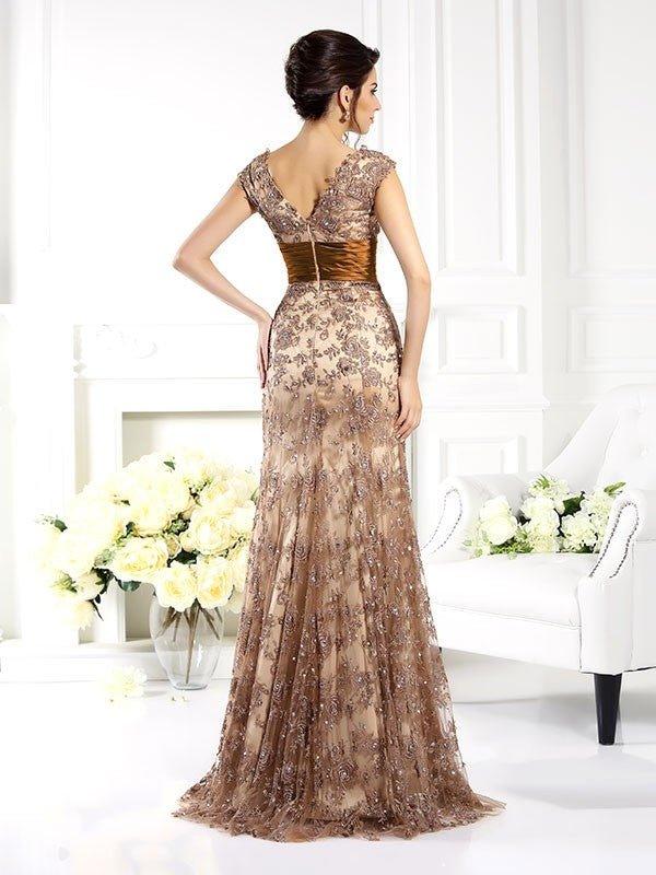NumberSea - A - Line/Princess V - neck Ruffles Sleeveless Long Lace Mother of the Bride Dresses