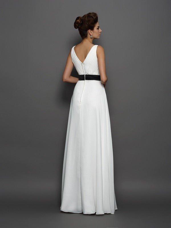 NumberSea - A - Line/Princess V - neck Sash/Ribbon/Belt Sleeveless Long Chiffon Wedding Dresses