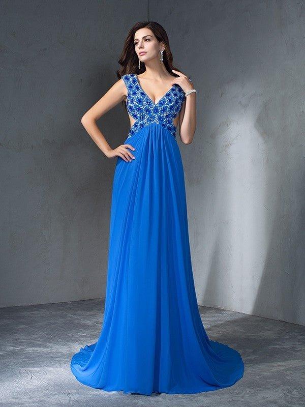 NumberSea - A - Line/Princess V - neck Sequin Sleeveless Long Chiffon Dresses