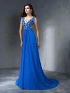 NumberSea - A - Line/Princess V - neck Sequin Sleeveless Long Chiffon Dresses
