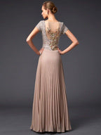 NumberSea - A - Line/Princess V - neck Short Sleeves Beading Long Chiffon Mother of the Bride Dresses