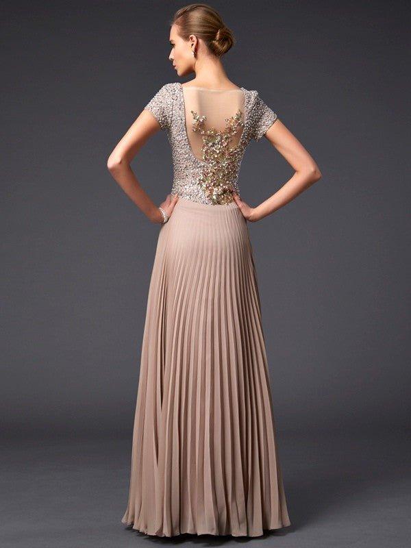 NumberSea - A - Line/Princess V - neck Short Sleeves Beading Long Chiffon Mother of the Bride Dresses