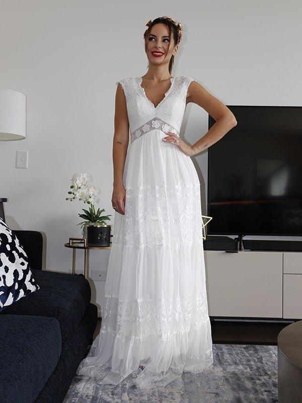 NumberSea - A - Line/Princess V - neck Short Sleeves Lace Ruched Floor - Length Wedding Dresses