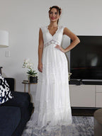 NumberSea - A - Line/Princess V - neck Short Sleeves Lace Ruched Floor - Length Wedding Dresses