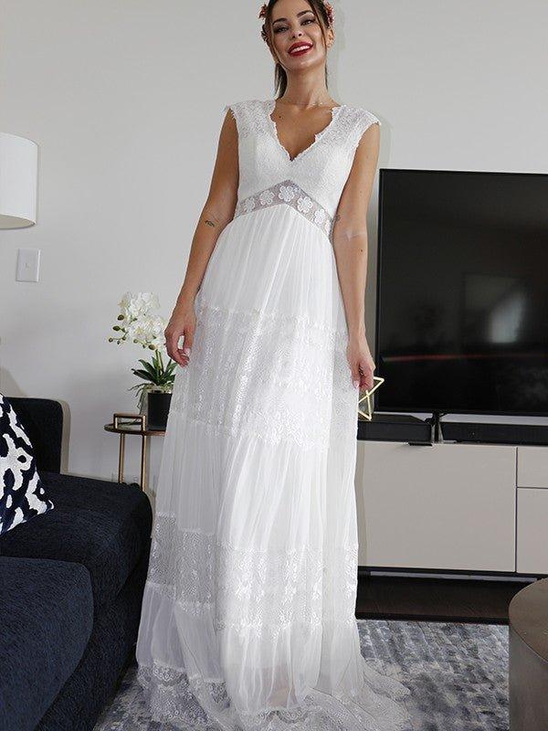 NumberSea - A - Line/Princess V - neck Short Sleeves Lace Ruched Floor - Length Wedding Dresses