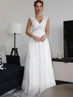 NumberSea - A - Line/Princess V - neck Short Sleeves Lace Ruched Floor - Length Wedding Dresses