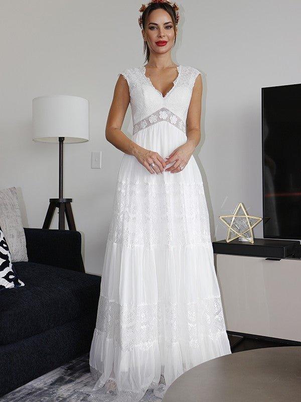NumberSea - A - Line/Princess V - neck Short Sleeves Lace Ruched Floor - Length Wedding Dresses