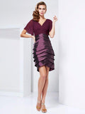 NumberSea - A - Line/Princess V - neck Short Sleeves Ruffles Short Taffeta Mother of the Bride Dresses