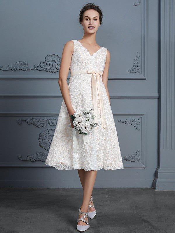 NumberSea - A - Line/Princess V - neck Sleeveless Knee - Length Lace Bowknot Wedding Dresses