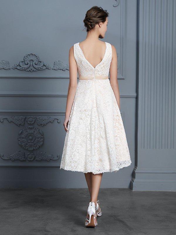 NumberSea - A - Line/Princess V - neck Sleeveless Knee - Length Lace Bowknot Wedding Dresses