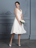 NumberSea - A - Line/Princess V - neck Sleeveless Knee - Length Lace Bowknot Wedding Dresses