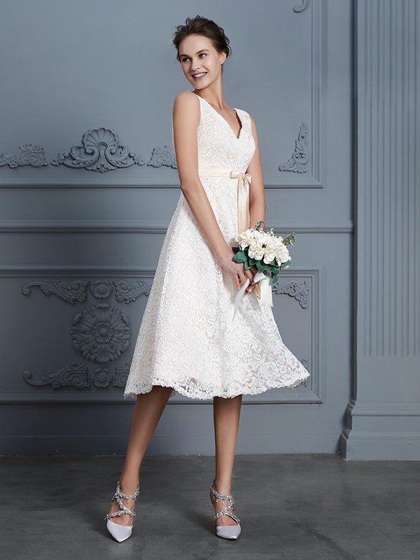 NumberSea - A - Line/Princess V - neck Sleeveless Knee - Length Lace Bowknot Wedding Dresses