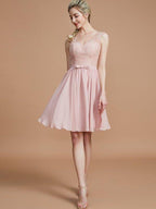 NumberSea - A - Line/Princess V - neck Sleeveless Lace Short/Mini Chiffon Bridesmaid Dresses