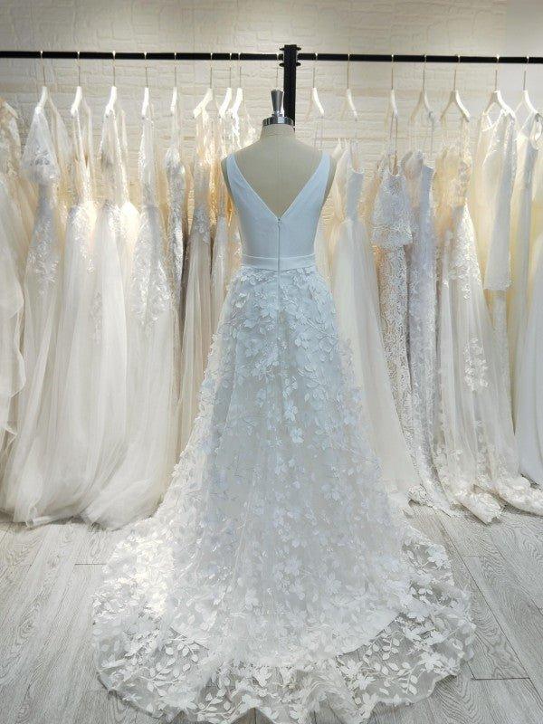 strapless open back dress NumberSea-A-Line/Princess V-Neck Stretch Crepe Applique Sweep/Brush Train Sleeveless Wedding Dresses Custom Color